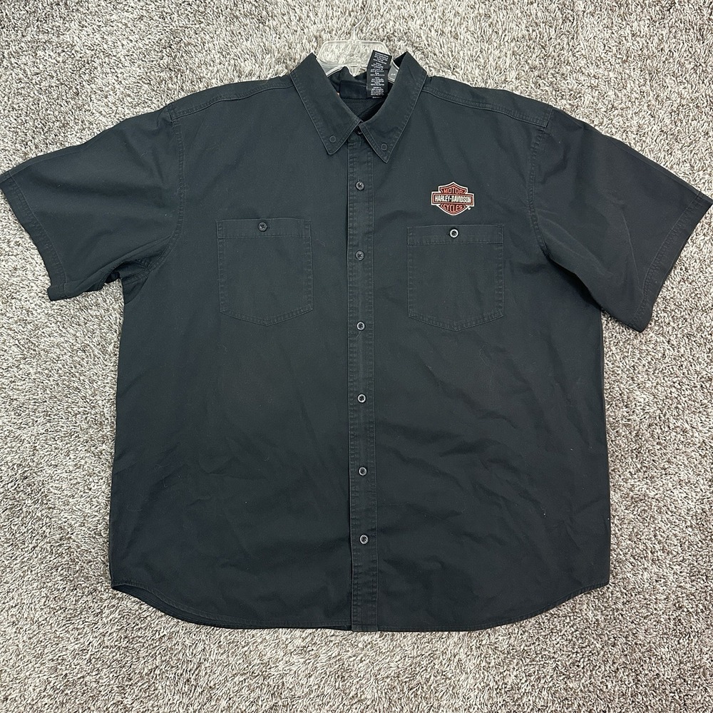 Harley Davidson Biker MotorClothes Button Up Embroidered Mens 2XL Black White